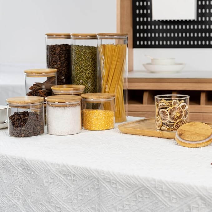 D2scrma 70oz Straight cylindrical Airtight Storage Jars with Bamboo Lid Set of 3 Storage Container Glass Jars, Kitchen Canister for Noodles, Pasta and Coffee beans (‎with Black Lable)