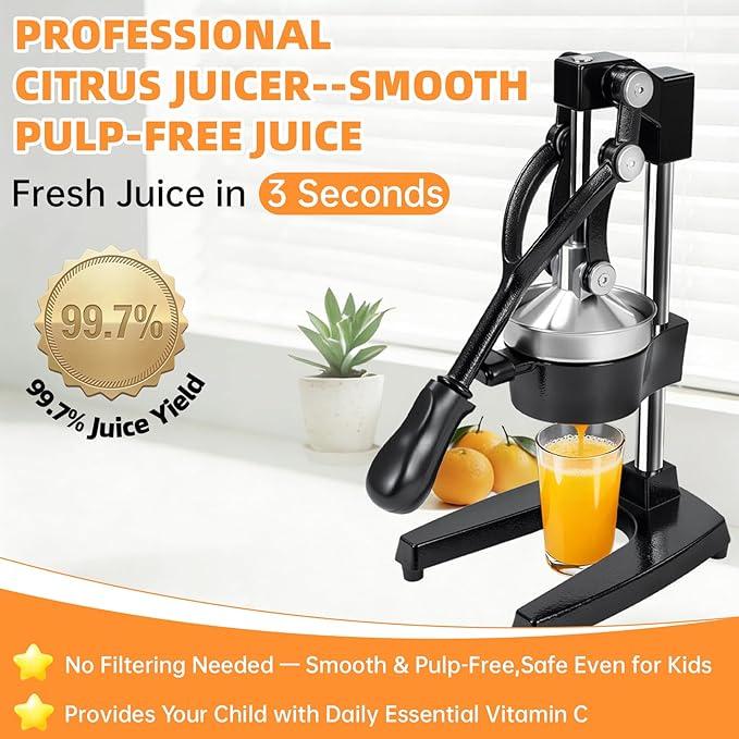Cast Iron Manual Citrus Juicer, Heavy Duty Hand Press Juicer for Orange, Lemon and Pomegranate, Orange Juicer for Countertop, Commercial Grade for Home Kitchen and Bar, Easy to Use and Clean
