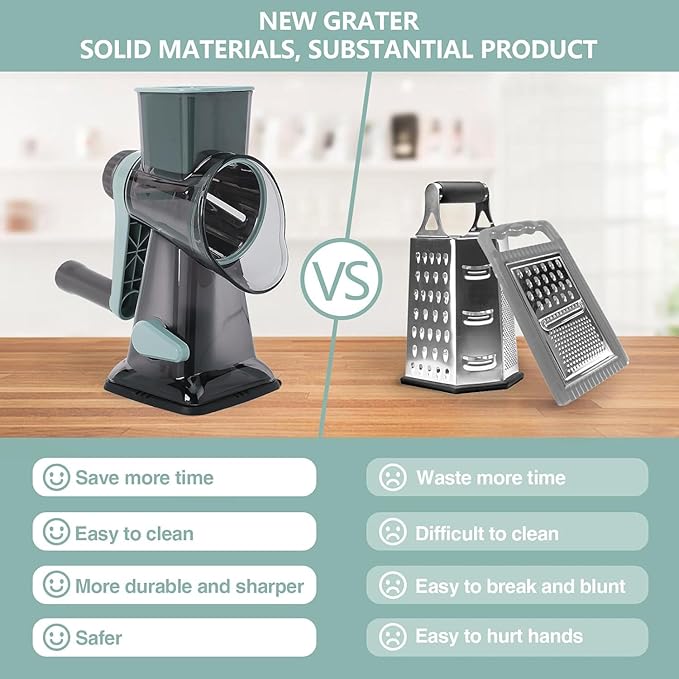 Rotary Cheese Grater Multi-Purpose Stainless Steel Shredder- Cheese Grater With handle Effortless Grating of Vegetables, Nuts and Fruits,with Suction Base and Cleaning Brush (blue)