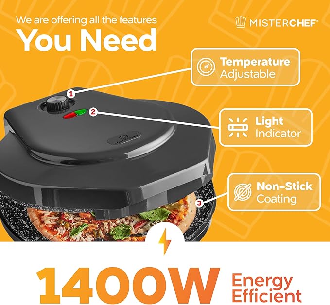 MisterChef Countertop Pizza Maker, 1450W Mini Pizza Oven, Pizza Maker Oven With 12″ Non-Stick Ceramic Plate, Indoor Electric Pizza Oven for Crepes, Pancakes - Black