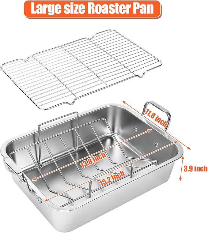 Nonstick Roasting Pan, 15 Inch Stainless Steel Turkey Pan with V-Shaped Rack &Cooling Rack - Rectangular Roaster for Turkey, Chicken, Vegetables,Healthy & Dishwasher Safe - Fits 20lb Turkey