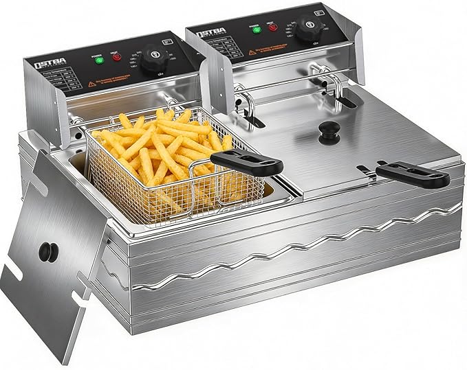 OSTBA Electric Deep Fryer with Basket, 20.7QT Large Commercial Deep Fryer, 3200W Stainless Steel Countertop Fryer with Adjustable Temperature 140–390℉, Removable Basket & Oil Tank