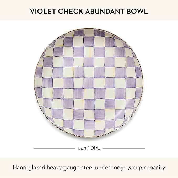 MACKENZIE-CHILDS Enamel Abundant Bowl, Decorative or Serving Bowl, 13-Cup Capacity, Purple-and-White Violet Check