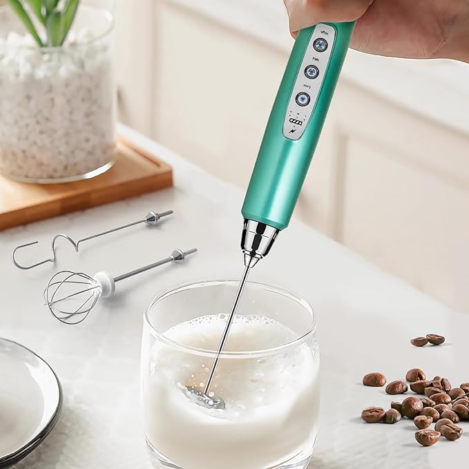 Sakgos Milk Frother Rechargeable Handheld-Electric Whisk 3 Speed Adjustable, Coffee Frother Wand with 3 Stainless Whisks, Electric Foam Maker, Drink Mixer Blender for Latte Cappuccino Matcha Egg