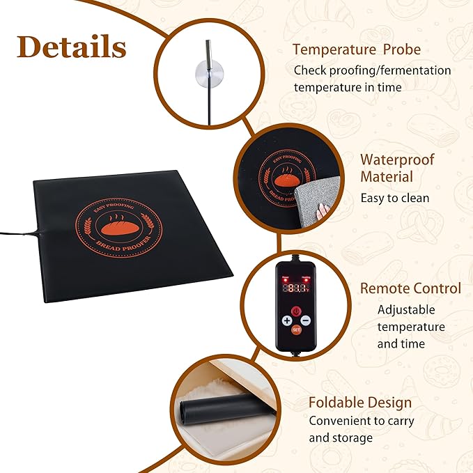 Bread Proofing Mat, Sourdough Hearting Mat, Sourdough Warming Mats with Thermostat Temperature Control, 13.9" x 13.9" Bread Proofer Dough Warmer for Home Kitchen Baking