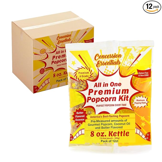 Concession Essentials 8oz Popcorn Portion Packs – Pre-Measured Kernels, Oil & Salt – Case of 12 Packs for Perfect Popcorn Every Time