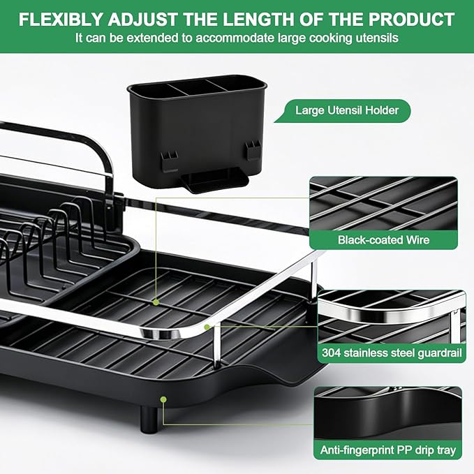 Dish Drying Rack for Kitchen Counter, Expandable Dish Drainer with Drainboard Set and Removable Utensil Holder, Space-Saving Countertop Organizer