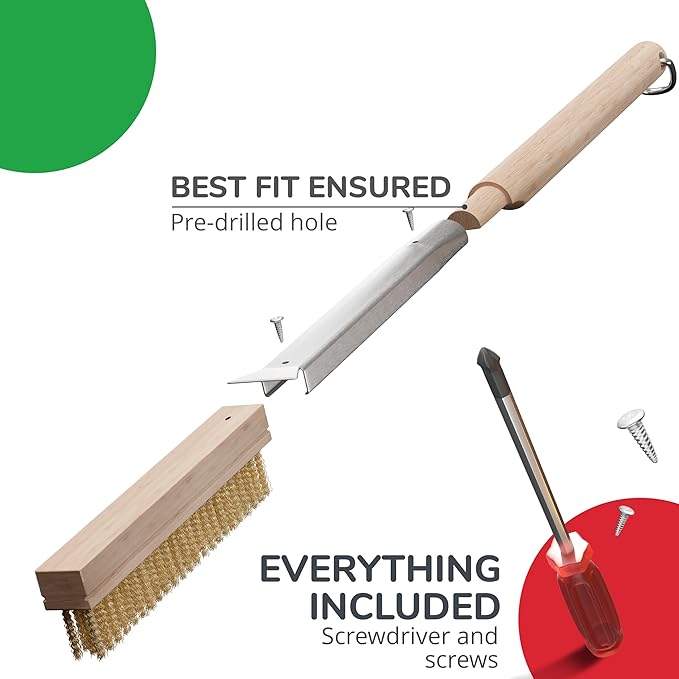 Senwosa 22” Pizza Oven Brush with Stone Scraper - Heat Resistant Stainless Steel Bristles, Long Handle - Compatible with Ooni, Gozney & Similar Ovens