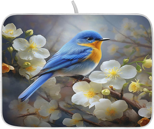 Spring Blue Yellow Flower Bluebird Butterflies Dish Drying Mat for Kitchen Ccounter Absorbent Microfiber Small Drying Pad Dish mats for Kitchen Countertops 16 x 18 Inch