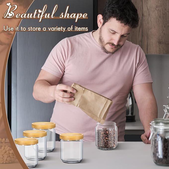 Irenare 16 Pack Glass Containers Canister Set, 17 oz Food Storage Spice Jars with Airtight Lids, Clear Kitchen Containers for Coffee Sugar Tea Beans Nuts Candy Pantry Organization (Bamboo)