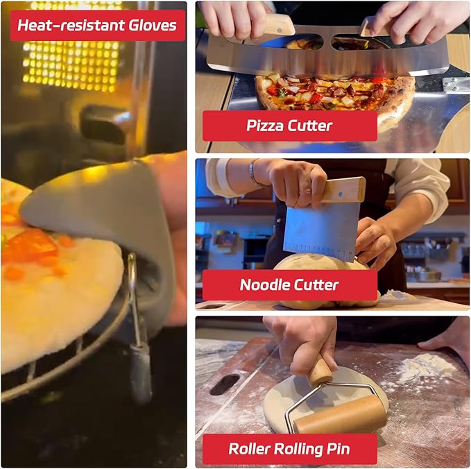 7PCS Pizza Oven Accessories Kit – Premium Pizza Making Tools Set for Home & Outdoor Ovens – Includes Pizza Peel, Oven Brush, Bubble Popper Turner, Rocker Cutter, Dough Roller & Scraper
