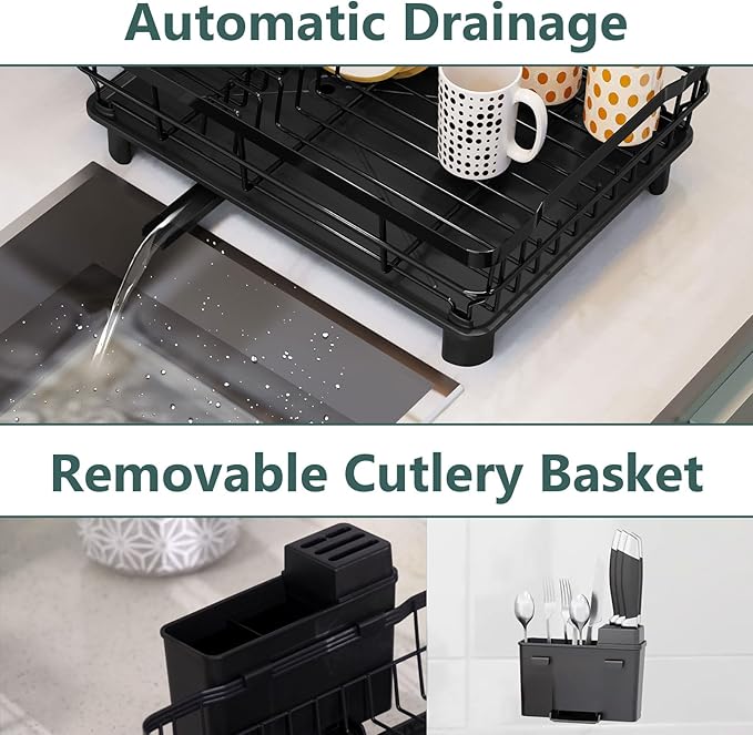 AIDERLY Iron Dish Drying Rack with Drainboard Dish Drainers for Kitchen Counter Extendable Spout Strainers with Utensil Holder and Knife Slots, Black