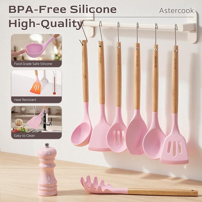 Astercook Kitchen Utensils set, 39 PCS Silicone Cooking Utensils Set with Wooden Handle, 446°F Heat Resistant Food Grade Utensil Sets, BPA Free Kitchen Gadgets Tools Set for Nonstick Cookware (Pink)