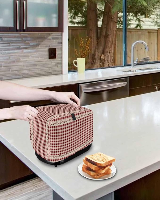 Country Star Berry Red Buffalo Plaid Soft Washable 2 Slice Toaster Dust Cover with Pockets, Dust-proof and Fingerprint Protection