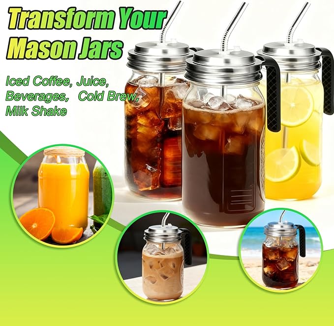 Palksky Mason Jar Lids with Straw Hole Wide Mouth, Stainless Steel Drinking Lid with Handle & Silicone Rings, Spill-Resistant Mason Jar Straw Lid for Iced Coffee, Juice, Lemonade (2 Packs)
