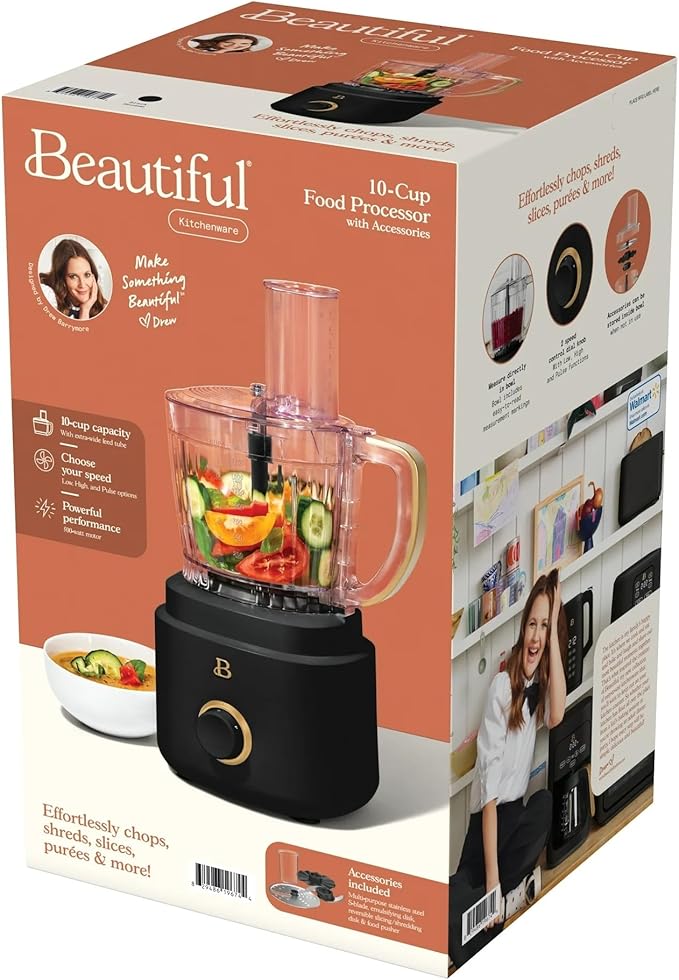 Beautiful by Drew Barrymore 10-Cup Food Processor, 500-Watts, Variable Speed, Pulse, 3" Wide Feed Tube, Stainless Steel Blades, Dishwasher Safe, Large Bowl, Accessories Included (Black Seaseme)