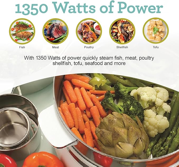 Euro Cuisine FS2500 Electric Food Steamer, Versatile Vegetable Steamer & Steam Cooker Ideal for Fish, Veggie, Meat, Stainless Steel 1200 Watts