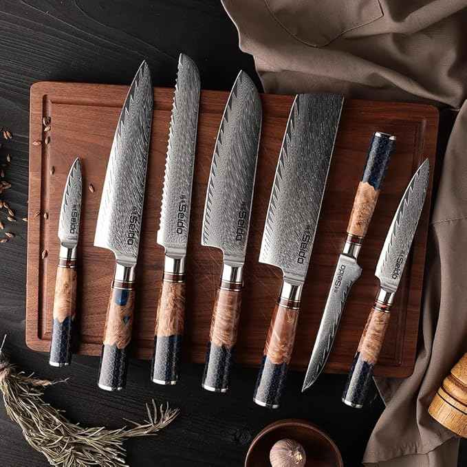 Seido Knives Hanikamu VG10 Damascus Chef Knife Set - Handcrafted Honeycomb Epoxy Resin with Stabilized Wooden Handles - Durable and Corrosion Resistant