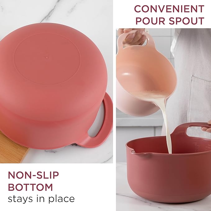 COOK WITH COLOR Nesting Plastic Mixing Bowl Set with Pour Spouts and Handles, Rose, 6 Piece Non-Slip