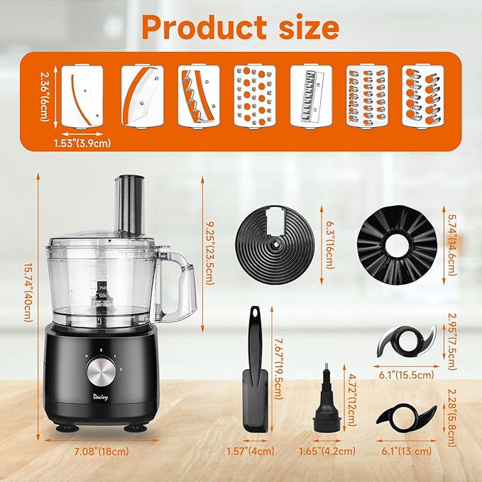 Davivy 7-Cup Food Processor with Built-in Storage Drawer | 600W Motor, 10-Blade Set for French Fries, Wavy Slicing, Dough Kneading | 3-Speed Compact Chopper for Home Kitchen Meal Prep, Black