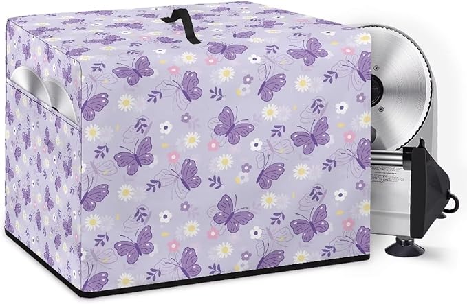 Food Meat Slicer Cover with Organizer Side Pocket, (Only Cover) 16x13x13 Inch Slicer Machine Dust-proof Waterproof Protection Accessories for Home Kitchen, Cartoon Purple Butterfly Print