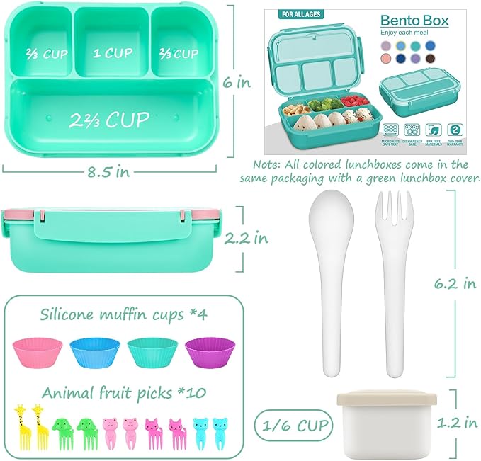 QQKO Bento Box for Kids Adults, School Toddler Lunch Box for Boys Girls, Lunch Box Containers with 4 Compartments, Sauce Container, Utensils, Food Picks and Muffin Cups for School, Pink Green