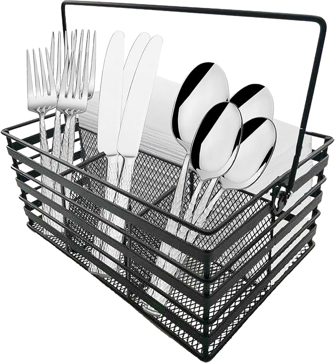 Stainless Steel Utensil Basket,Dishwasher, Flatware Basket, Kitchen, Countertop, Office, Camping, Outdoors, and Restaurants, 4-Compartment, Black