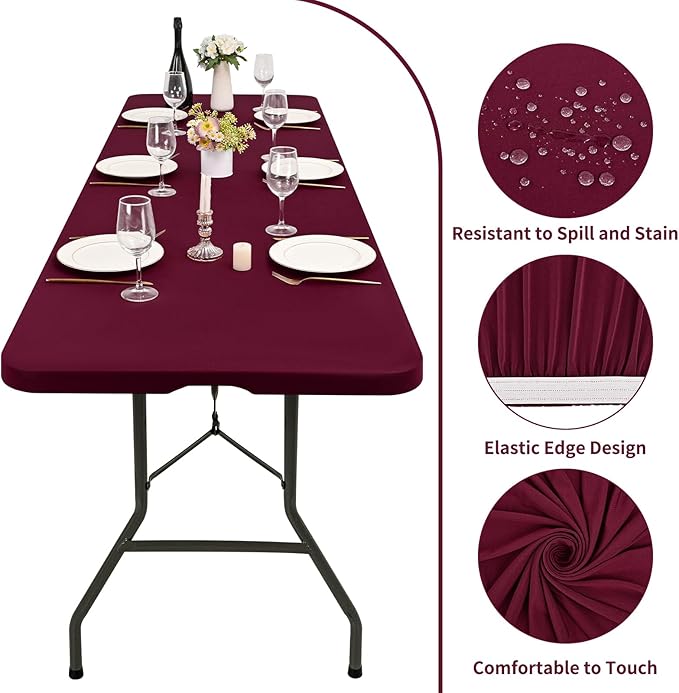 6 Pack Stretch Fabric Table Top Cap Cover, fits 8' Tables, Spandex Table Covers Washable Elastic Rectangle Tablecloth Protector for Indoor Outdoor Party Picnic Wedding, Wine Red, 30" W x 96" L