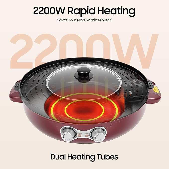 2 in 1 Hot Pot with Grill,Electric Smokeless Grill and Hot Pot BBQ Grill Soup Shabu Pot Household Electric Barbecue Plate Frying Cook Grill,2200W