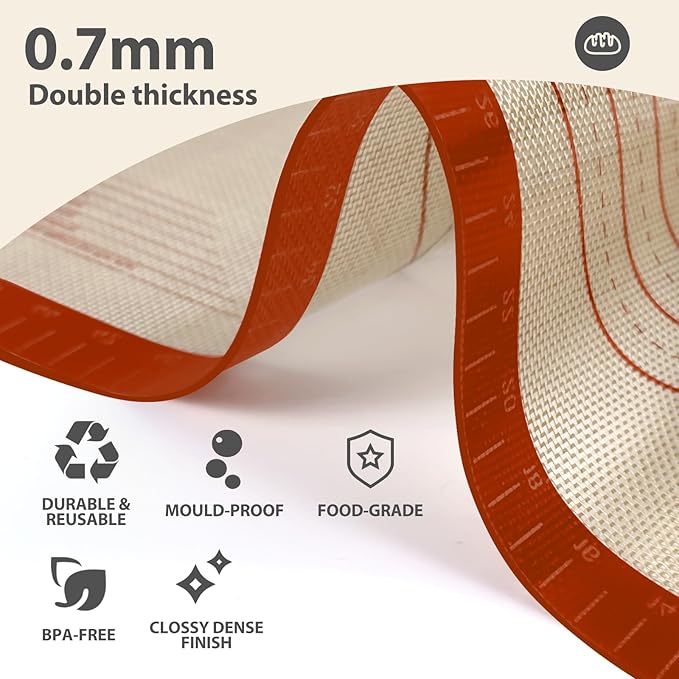 Pastry Mat, 0.7mm Extra Thick 26 x 16 Inches Large Non Stick Silicone Baking Pad, Pie Crust Rolling Supplies for Making Christmas Cookies Bread, Easy to Clean