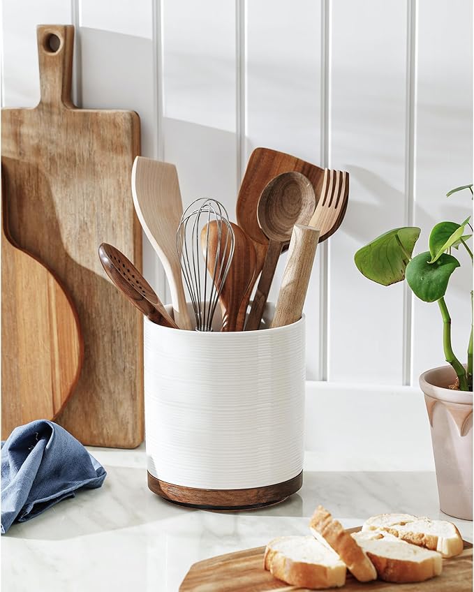 Utensil Holder, 360° Rotating Extra Large Ceramic Kitchen Utensil Holder for Countertop, 7.3“ Cooking Utensil Crocks for Kitchen Counter with Rotatable Wooden Base, Farmhouse Decor, White