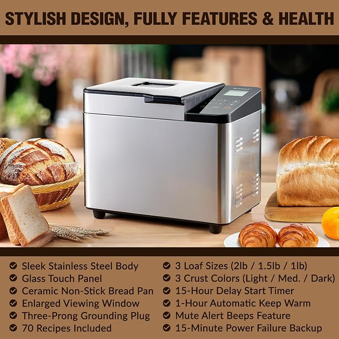 Briskind Bread Maker Machine with Ceramic Nonstick Pan, 19 Menus, 2 Pound Stainless Steel Breadmaker with Glass Touch Panel, Gluten Free, Sourdough Starter, Custom Setting, 3 Loaf Sizes & Crust Colors