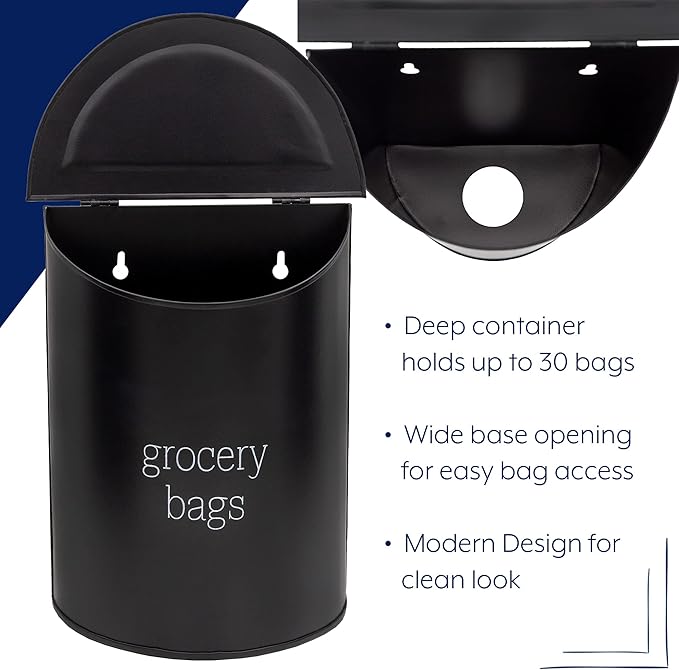 AuldHome Design Enamelware Grocery Bag Holder (Black); Wall-Mounted Modern Farmhouse Style Plastic Bag Dispenser for Kitchen or Laundry Room