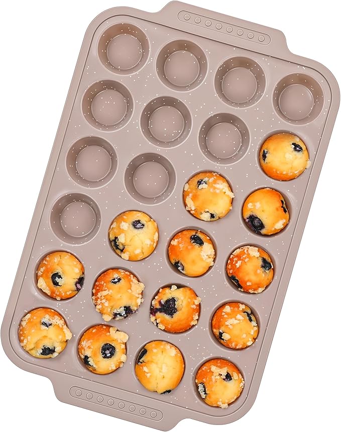 1 Pc Silicone Muffin Pans for Baking with Metal Reinforced Frame, Nonstick Cupcake Tray for Oven, 24 Cups Mini Size Silicone Molds for Egg Bites, Dishwasher Safe (Brown)