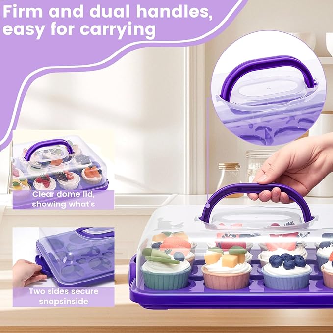 VGOODALL Cupcake Carrier, Rectangle Cake Plate with Lid, 12 Capacity Cup Cake Portable Container Dessert Holder with Handle for Family Picnics and Party Events, 2-in-1 Design, Purple