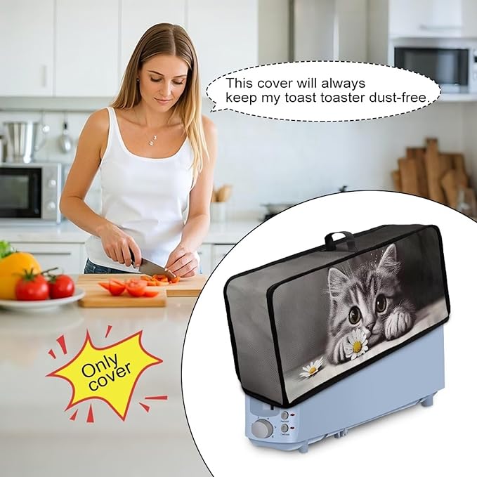 Toaster Cover 2 Slice Grey Cat Slim 2 Slice Toaster Cover Easy to Fold and Carry, Heat-Resistant Dustproof Dust Covers for Toasters Long Slot, Machine Washable