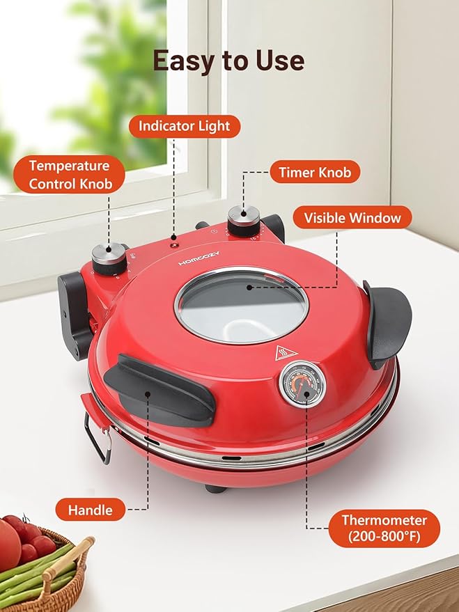 Electric Pizza Oven Indoor with Glazed Ceramic Stone, 12-Inch Portable Countertop Pizza Maker with Adjustable Timer, 1200W Heat up to 800°F Pizza Maker with Viewing Window for Home DIY Pizza