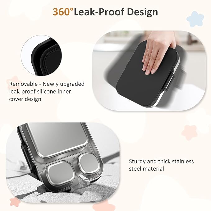 Howeemo Stainless Steel Bento Box Kids, Leak Proof Metal Bento Lunch Box,3 Compartments 304 Stainless Steel Bento Lunch Containers for School and Office, BPA-Free(Black)