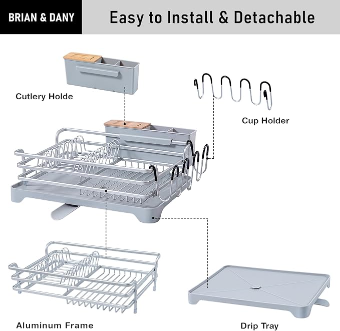 BRIAN & DANY Aluminum Dish Drying Rack, Dish Racks for Kitchen Counter, Dish Drainer with Removable Cutlery Holder & Cup Holder, 16.5" L x 11.8" W, Light Grey