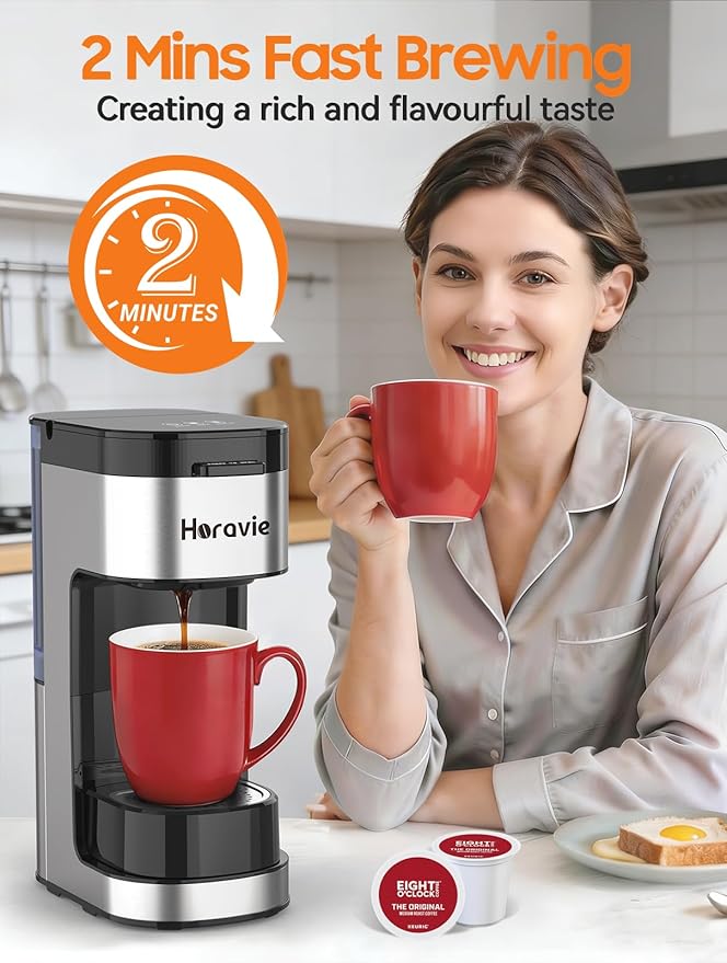 Horavie Single Serve Coffee Maker, Hot and Iced Coffee Maker for K Cup and Ground, 6 to 14 Oz Brew Sizes Single Cup Coffee Maker with Descaling Alert, Ideal for Home, Travel, RV and Dorm,Black