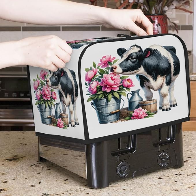 Animal Cow Pink Flower Toaster Cover 2 Slice Dust and Fingerprint Protection Toaster Bread Maker Covers Washable Kitchen Small Appliance Covers for Kitchen Accessories Decor Bakeware Women Gift