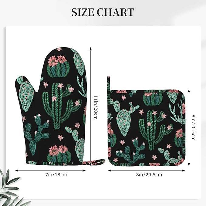 Trendy Cactus Oven Mitts and Pot Holders Sets of 4, Heat Resistant Silicone Oven Mittens and Potholders Gloves Hot Pads for Kitchen Cooking Baking Grilling BBQ Chef