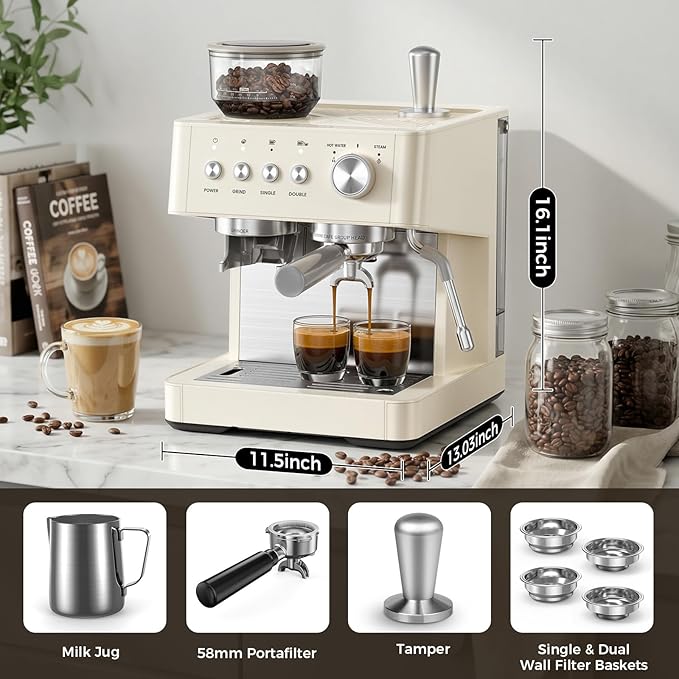 Kndko Espresso Machine with Grinder, 20 Bar Espresso Coffee Machines with Milk Frother Steam Wand, Espresso Maker for Latte, Cappuccino, Hot/Cold Brew, White