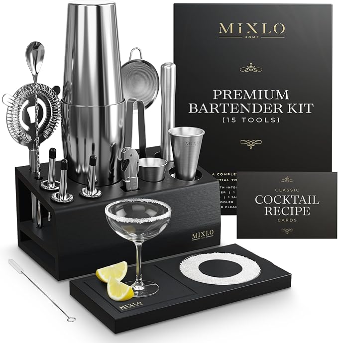 Mixology Bartender Kit -15Pcs Bar Set Cocktail Shaker Set w Black Bar Cart Accessories Stand - Shakers Bartending Silver Tools, 24oz Shaker, 17 Recipe Cards, Martini Barware
