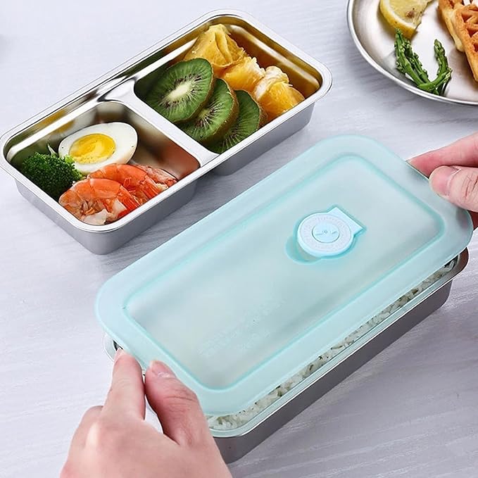 Stainless Steel Snack Containers for Kids and Adults [2/4/6-Pack Set] Reusable Food Storage Container Set with Lids-2 Compartment Bento Box for Lunch, Travel, Meal Prep- Leakproof & Dishwasher Safe(4)