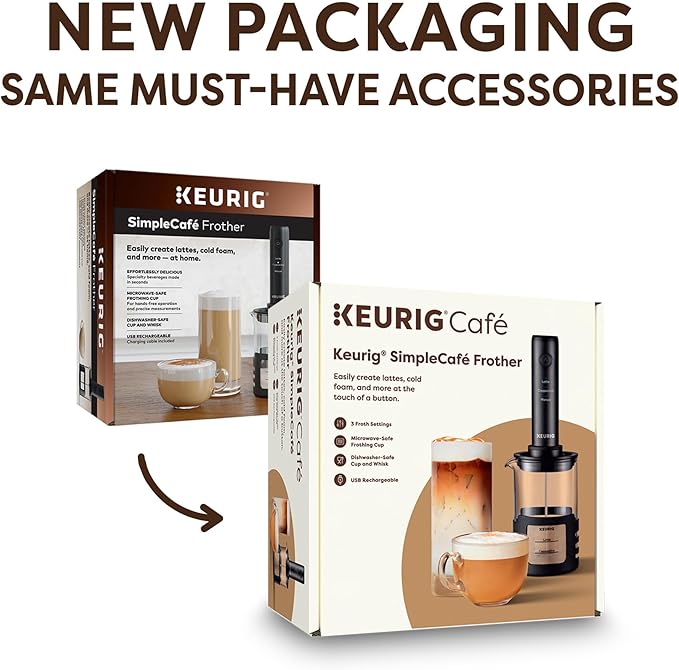 Keurig SimpleCafe Frother, Rechargeable Handheld Milk Frother for Lattes, Cappuccinos & Iced Coffee, USB Cord Included, Microwave-Safe Frothing Cup, Hot & Cold Foam Maker