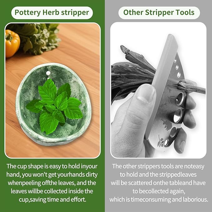Herb Stripper, 4-Hole Design Pottery Herb Stripper,Handmade Ceramic Herb Stripper Bowl for Removing Leaves and Stems in the Kitchen (Green Glaze)