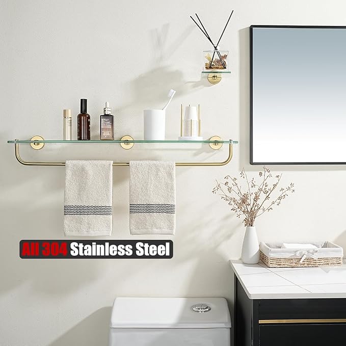 JQK Bathroom Glass Shelf, Shelf with 29 Inch Towel Bar Tempered Glass Shower Storage 30 by 5 inches, 304 Stainless Steel Brushed Gold Wall Mount, TGS100L30-BG