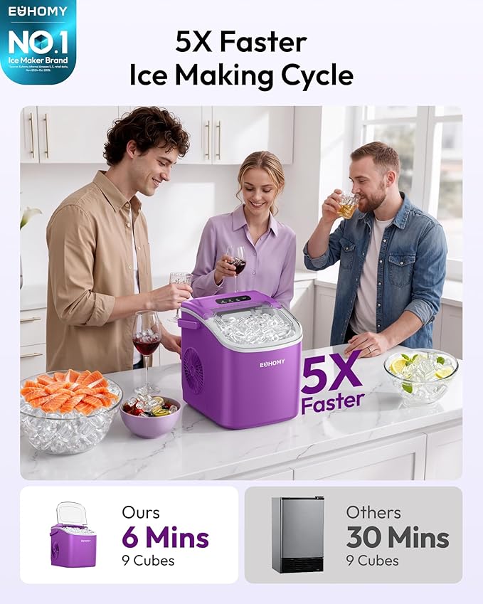 EUHOMY Countertop Ice Maker Machine with Handle, 26lbs Per Day, 9 Ice Cubes Ready in 6 Mins, Auto-Cleaning Portable Ice Maker with Basket and Scoop, for Home/Kitchen/Camping/RV (Purple)