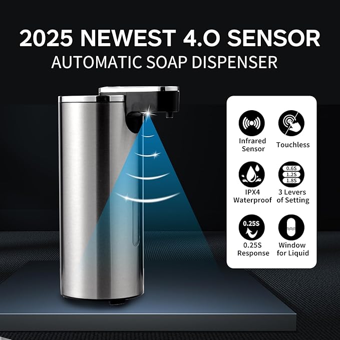 Automatic Soap Dispenser, Automatic Soap Dispenser Touchless, Kitchen & Bathroom, 3 Adjustable Volume for Liquid Soap, Water-Resistant, Hotel, Restaurant and School, Clog-Free, Stainless Steel